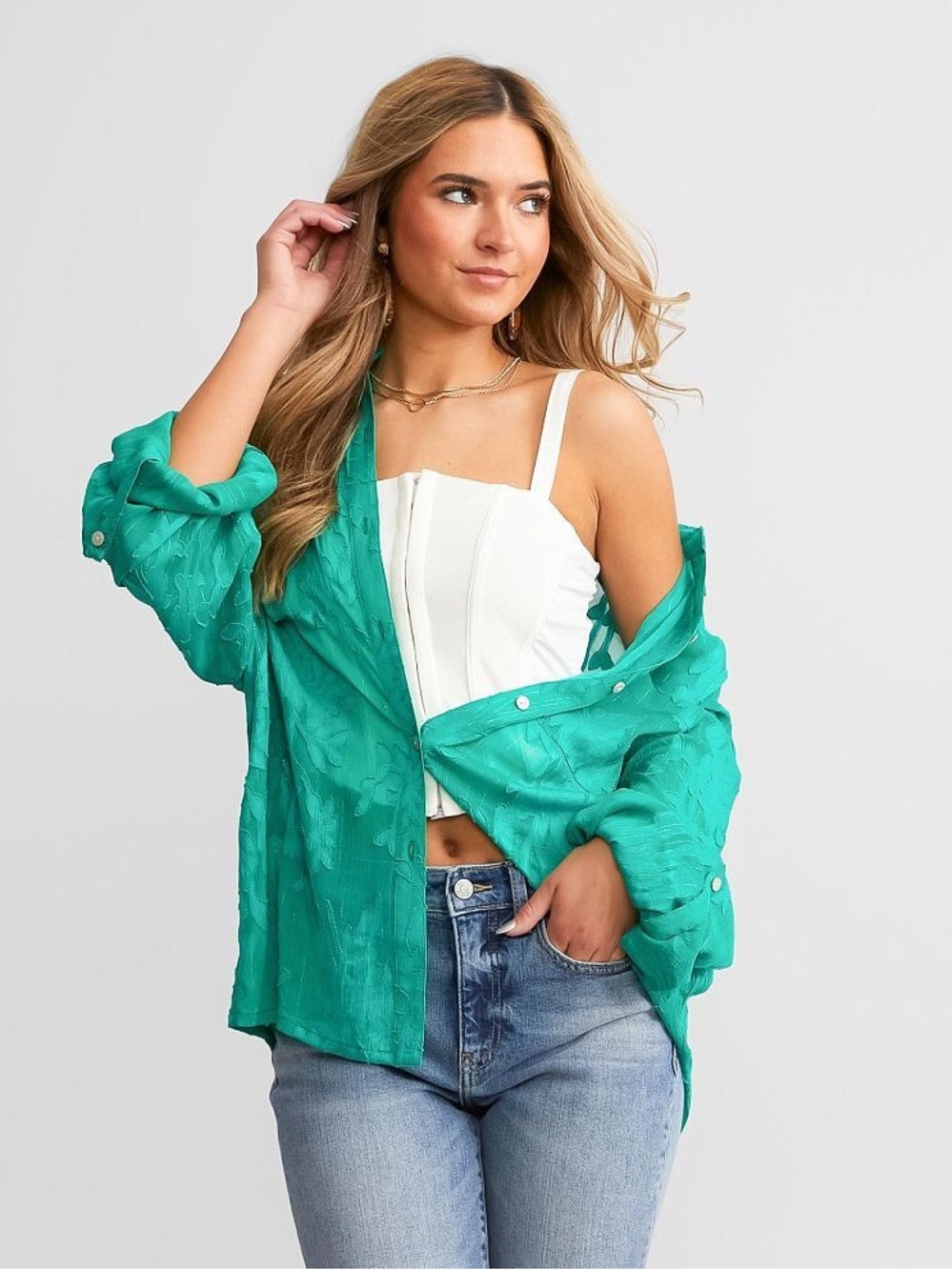 Willow+Root Metallic Green Longsleeve button down shirt blouse oversized relaxed